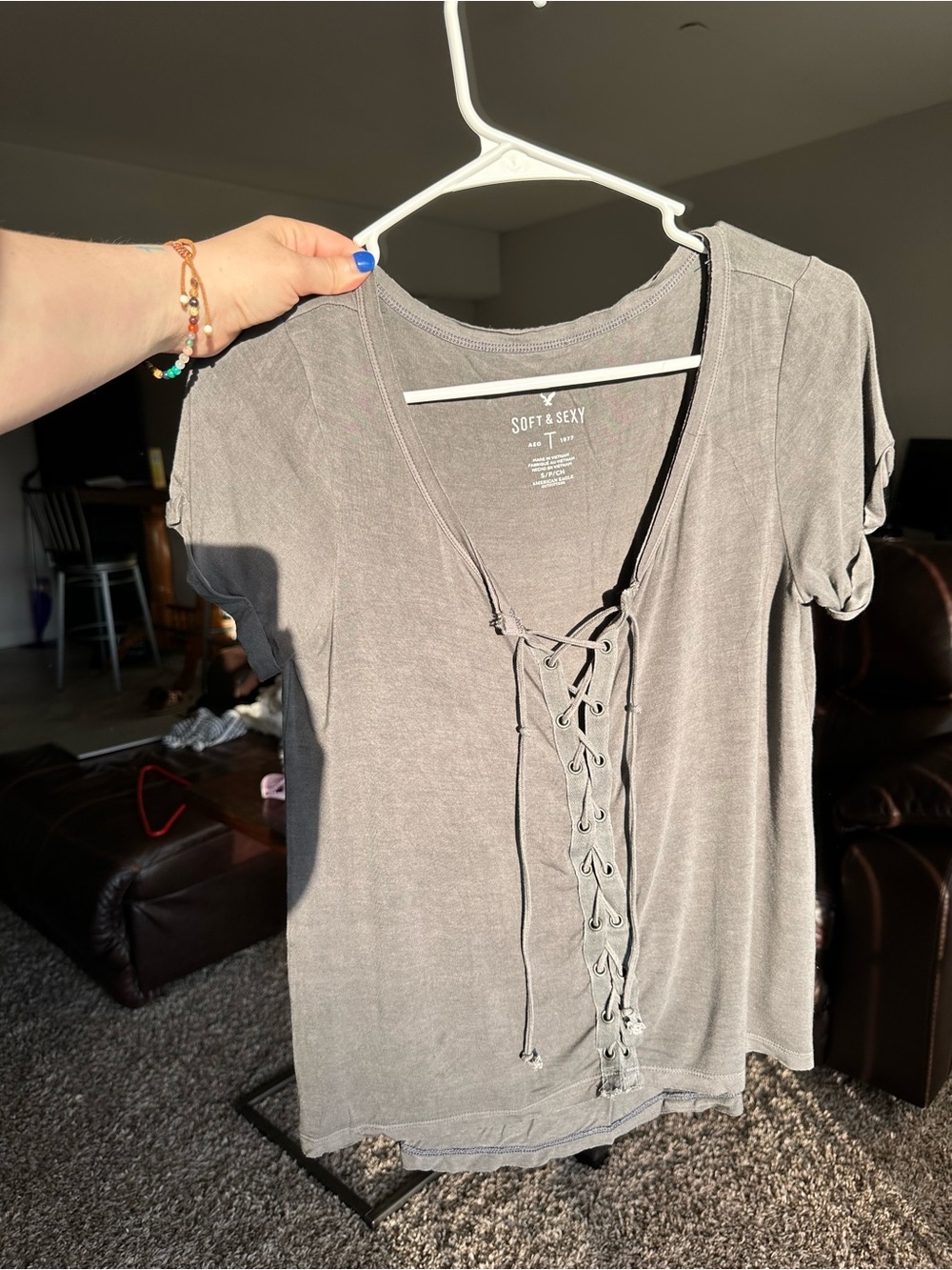 American Eagle Outfitters Lace-Up V-Neck Short Sleeve Top - Gray